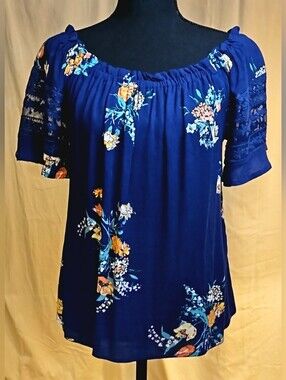 NWT Eyeshadow Navy Blue Floral Off The Shoulder Blouse M Boho Lace Trim Top
